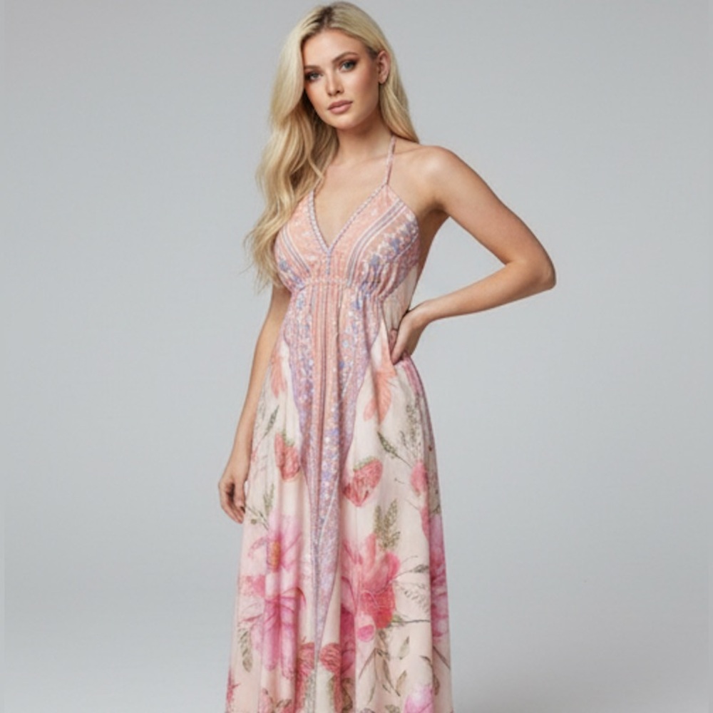 Boho Pink Floral Halter V- Neck Maxi Dress Low Back - Picture 8 of 12